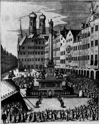 Messe catholique sur la Marienplatz à Munich, autour de la colonne de Marie, symbole du culte contre-réformiste de Marie